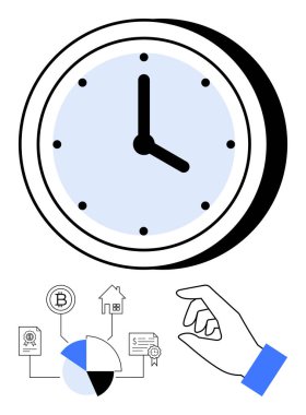 Pasta grafiği olan büyük bir saat, kripto para birimi, ev ve sertifika simgeleri. Zaman yönetimi, üretkenlik, planlama, yatırım, karar verme organizasyonu verimliliği için ideal