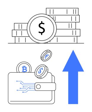 Elektronik devreli dijital cüzdan şifreli para ve dolar paraları alıyor. Üst üste yığılmış nakit paralar mali büyümeyi temsil ediyor. Fintech, yatırım, ekonomi, tasarruf, kripto para birimi için ideal