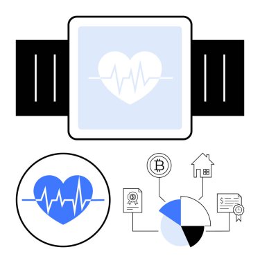 Kalp atış hızı verilerini gösteren akıllı ekran, finansal analizli pasta grafiği, Bitcoin simgesi, ev, belge. Sağlık takibi, giyilebilir teknoloji, finans, analitik kripto para birimi için ideal