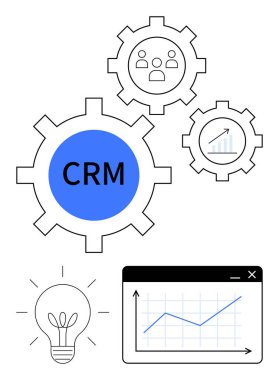 CRM merkezi viteste, büyüme grafiğiyle çevrili, takım simgesi, fikirler için ampul, grafikle tarayıcı. İş stratejisi, pazarlama, analitik, takım çalışması, yenilikçi satış dairesi için ideal