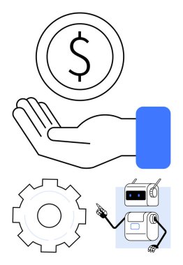 El ele tutuşan bozuk para teçhizatı ve robot. Finans, otomasyon, teknoloji, mekanik, robotik, mühendislik ve ekonomi kavramları için ideal