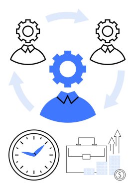 Mavi ve siyah simgeler arasında takım üyeleri, vitesli oklar, saat, evrak çantası, bar çizelgeleri ve para işareti. İş stratejisi, takım çalışması, proje yönetimi iş akışı süresi için ideal