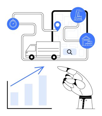 Navigasyon güzergahındaki kargo kamyonu, endüstriyel ve depo simgeleri, izleme araçları, veri grafiğini gösteren yapay zeka robotları. Lojistik, ulaşım, verimlilik, planlama, yapay zeka otomasyon verileri için ideal