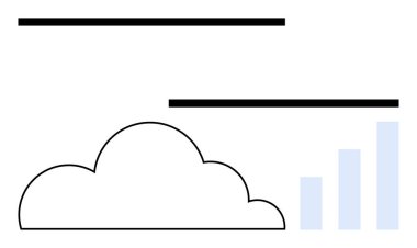 Bulut ana hatları ve yatay çizgileri olan minimalist bar grafikleri veri depolama, işleme ve analitiği temsil eder. Teknoloji için ideal, bulut hesaplama, veri analizi, bağlantı, minimalizm, modern