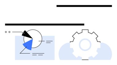 Parçalı pasta grafiği, soyut şekiller, veri görselleştirme çizgileri ve süreç optimizasyonunu sembolize eden bir dişli. Analiz, strateji, iş akışı, takım çalışması, verimlilik planlama dairesi için ideal