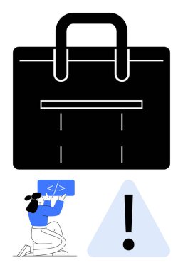 Siyah evrak çantası işi ya da işi simgeler. Müteahhit kod paneliyle diz çöker ve uyarı üçgenini uyarır. Teknoloji, kodlama, geliştirme, iş, güvenlik, risk için ideal