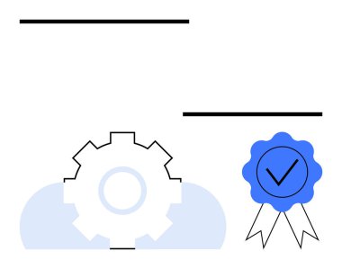 İşaretli mavi bir kurdelenin yanında vites simgesi verimliliği ve başarıyı ön plana çıkarıyor. Takım çalışması, süreç optimizasyonu, kalite güvencesi, sertifika, güvenilirlik, başarı, tanınma için ideal