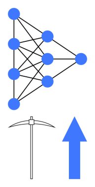 Birbirine bağlı mavi düğümler, kazma ve yukarı doğru ok ile sinirsel ağ diyagramı. Veri işleme, yapay zeka geliştirme, kaynak optimizasyonu, makine öğrenimi, büyüme stratejileri, dijital