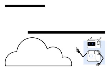 Çizgi film robotu büyük bulut sembolünü ve iki siyah yatay çizgiyi işaret ediyor. Teknoloji, bulut hesaplama, yapay zeka, veri depolama, robot bilimi, iletişim ve yenilik için ideal. Çizgi