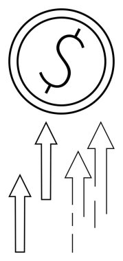 Yükselen oklar üzerindeki dolar madeni paralar artan karı, finansal büyümeyi ve iş başarısını gösteriyor. Finans, yatırım, iş, büyüme, satış stratejisi zenginliği için idealdir. Düz basit