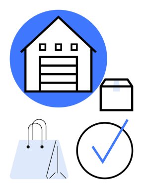 Depo, teslimat kutusu, alışveriş çantası ve işaretler nakliyeyi, depolamayı, online ticareti simgeliyor. E-ticaret, tedarik zinciri, lojistik teslimat ambalaj siparişi perakende satış için ideal