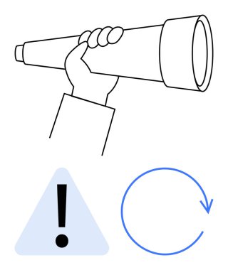 Teleskop tutmak, dikkat ikonunun uyarı okunun yenilenmeyi temsil ettiğini gösterir. Navigasyon, planlama, vizyon, uyarı, yenilenme, keşif ve gözlem için ideal. Düz basit