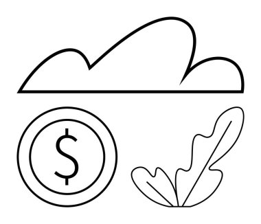 Bulut, para ve yaprak gibi basit sanat eserleri. Sürdürülebilirlik, eko-ekonomi, yeşil yatırım, bulut teknolojisi, yenilenebilir enerji ekolojisi finansal büyüme temaları için idealdir. Düz basit metafor