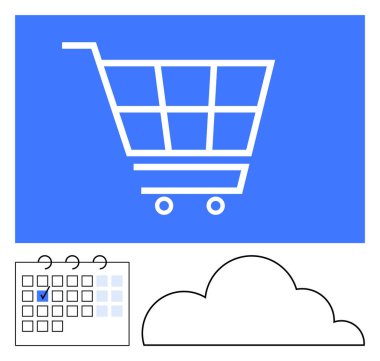 Takvim takvimine göre alışveriş arabası simgesi ve çevrimiçi bağlantıyı temsil eden bulut. E-ticaret, planlama, lojistik, otomasyon, bulut teknolojisi, dijital için ideal
