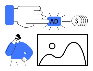 Paralı reklamları temsil eden ışınları yaymak için bir Ad tuşuna basmak. Bozuk para yığını maddi kazancı yansıtır. İnsan düşüncesi ve grafiği dijital pazarlama ve büyüme stratejilerini simgeler. İdeal