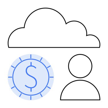 Para ikonu üzerindeki bulut ve dijital depolama, finans ve kullanıcı erişimini gösteren kullanıcı taslağı. Finans, teknoloji, bulut çözümleri, bankacılık, dijital araçlar, e-ticaret dairesi için ideal