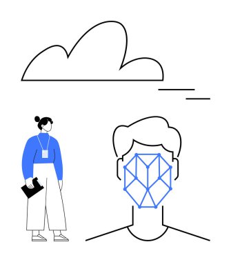 Yüzünde Geometrik yüz tanıma sistemi, birbirine bağlı bulut çizgisi, profesyonel bir kadın. Yapay zeka, biyometri, güvenlik, teknoloji, yenilik veri araştırması için ideal. Düz basit