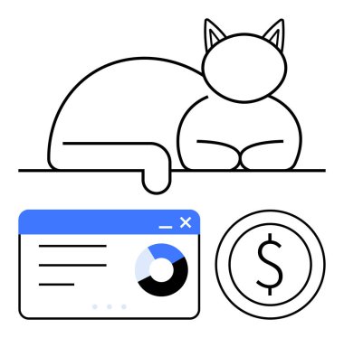 Kedi huzur içinde dinleniyor, tarayıcı penceresinde veri grafiği ve dolar parası var. Finans, teknoloji, minimalizm, rahatlama, analitik web tasarım yaşam tarzı için idealdir. Düz basit metafor
