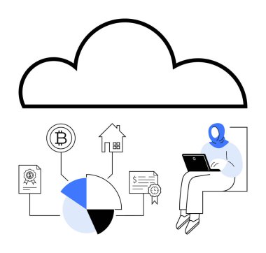 Veri akışı bağlantıları olan bulut kripto para birimi, gayrimenkul, belgeler ve çizelgeler. Laptop kullanan biri. Finans, teknoloji, engelleme zinciri, uzaktan çalışma analizi için ideal