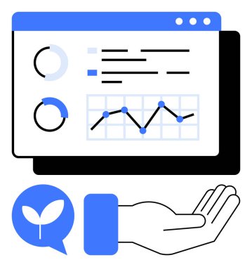 Grafikler, diyagramlar ve analiz içeren veri arayüzü filizli bir elin yanında. İş için ideal, sürdürülebilirlik, ekoloji, büyüme, finans eğitimi yeniliği. Düz basit metafor