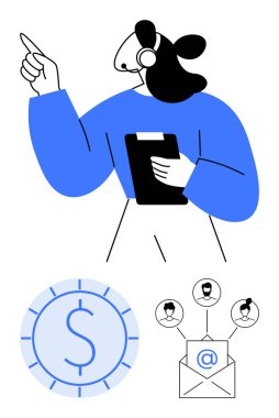 Müşteri destek uzmanı elinde pano jestleri, kulaklık, dolar para simgesi, kullanıcı profilleriyle e-posta iletişimi tutuyor. Müşteri hizmetleri, finans, takım çalışması, danışma için ideal