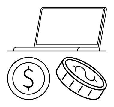 Bir dolar madeni para ve dijital finans, e-ticaret, kripto para birimi ve çevrimiçi ödeme sistemlerinin yanında dizüstü bilgisayar. Fintech, bankacılık, yatırım, tasarruf, teknoloji eğitimi için ideal