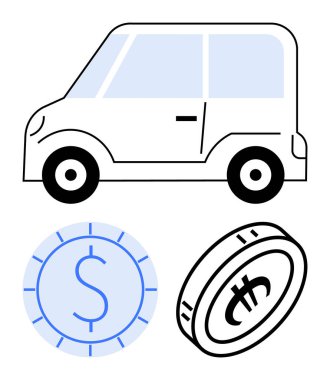 Bir dolar ve küresel para biriminin yanında küçük bir araba. Ulaşım maliyeti, araba kredileri, bütçe planlaması, tasarruflar, küresel ticaret, maliyet ve ekonomik tercihler için ideal. Düz basit metafor