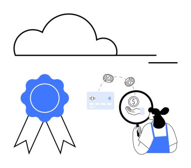 Elinde büyüteç tutan kadın kredi kartı ve parayı mavi kurdeleli ve bulutlu bir şekilde inceliyor. Finans, analiz, kalite incelemesi, denetim, ödüller, güvenlik ve bulut için ideal