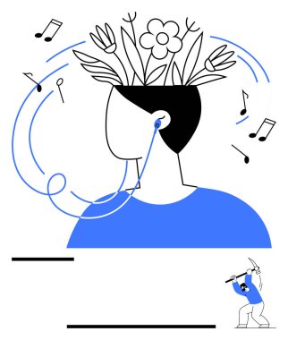 Başında çiçekler, bitkiler, notalar ve yaratıcılığı, rahatlamayı, ilham ve akışı simgeleyen dinamik çizgiler olan kulaklıklar var. Farkındalık için ideal, kişisel bakım hayal gücü.