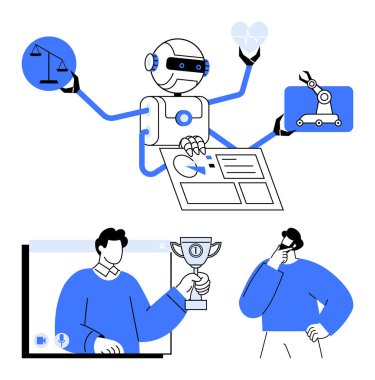 Birden fazla kolu olan yapay zeka robotu yasal teraziler, kalp, otomasyon, belgeler. İş adamının elinde ödül ve düşünce figürü var. Teknoloji, yapay zeka etiği, otomasyon, karar verme sağlığı için ideal