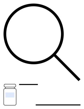 Küçük ilaç şişesine odaklanan büyüteç araştırma, teftiş ve keşifleri ön plana çıkarıyor. Sağlık, ilaç, araştırma, hassasiyet, inceleme ve eğitim düzeyi için idealdir.