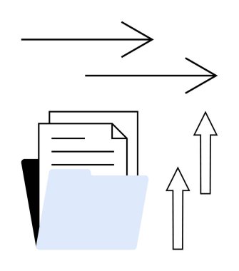 Üst üste dizilmiş belgeler ve oklar veri alışverişini, yüklemeyi ve ilerlemeyi temsil ediyor. Veri yönetimi, bulut paylaşımı, teknoloji, depolama, iş akışı için ideal