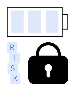 RISK kodlu asma kilit ve batarya güvenlik, enerji, risk değerlendirmesi ve koruma kavramlarını vurguluyor. Siber güvenlik, güç verimliliği, yönetim ve risk stratejisi için ideal