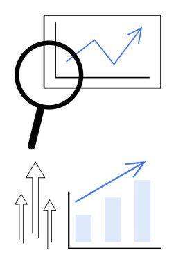 Büyüteç yukarı doğru çizgi grafiği, bar tablosu ve oklar büyümeyi ve başarıyı simgeliyor. Analiz, finans, iş stratejisi, araştırma, pazarlama istatistik yatırımı için ideal. Düz