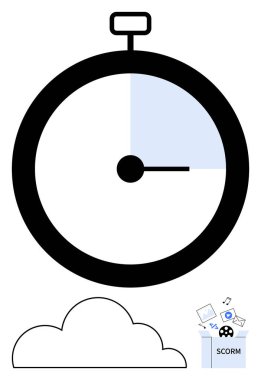 Aşağıda bulut ve SCORM ile ilgili dokümanların bulunduğu minimalist kronometre izleme süresi. E-öğrenme, veri senkronizasyonu, dijital çözümler, çevrimiçi eğitim, zaman yönetimi, bulut depolama için ideal