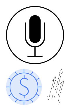 Mikrofon simgesi, bozuk para ve yukarı bakan oklarla eşleştirildi. Podcastler, ses projeleri, çevrimiçi kazançlar, büyüme stratejileri, teknoloji, finans, pazarlama için ideal. Düz basit metafor