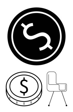 Dolar işaretli paralar ve minimalist sandalye zenginlik, yatırım ve profesyonel büyüme kavramlarını ön plana çıkarıyor. Finans, girişimcilik, modern tasarım, kariyer başarısı, tasarruf, üretkenlik için ideal