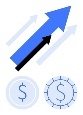 Mavi ve siyah yukarı doğru oklar aşağıda iki para birimi dairesi ile finansal büyüme, başarı ve karlılığı temsil ediyor. İş, yatırım, kâr, ekonomi, bütçe ve istatistik için ideal