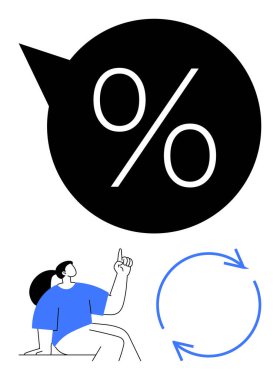 Mavi tişörtlü, yukarıyı gösteren kişinin üzerinde büyük bir konuşma yüzdesi var. Dairesel oklar işlemi ya da yinelemeyi simgeliyor. Finans, satış, büyüme, pazarlama ve eğitim için ideal