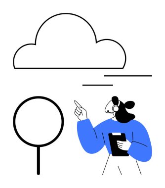 Bulut ve dairesel grafikte, bulut verilerini, iletişimi, teknolojiyi ve takım çalışmasını temsil eden pano noktalarına sahip karakter. Teknoloji, veri, işbirliği, beyin fırtınası dijital için ideal