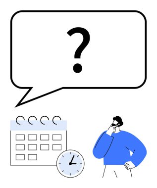 Bir takvim ve saatin yanında el pençe divan düşünen, karar verme mekanizmasını ve zaman yönetimini gösteren bir adam. Planlama, üretkenlik, programlama, teslim tarihleri, organizasyon, zaman yönetimi için ideal