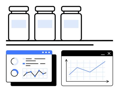 Veri görselleştirme panelinin üzerinde grafik ve çizelgelerle üç ilaç şişesi. Sağlık, araştırma, ilaç sektörü, veri analizi, üretim izleme, istatistik, daire için ideal