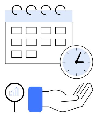 Izgara planlı takvim, zaman izleme saati, veri analizi için grafikli büyüteç ve açık el hareketi. Organizasyon, üretkenlik, zaman yönetimi, planlama ve analitik için ideal