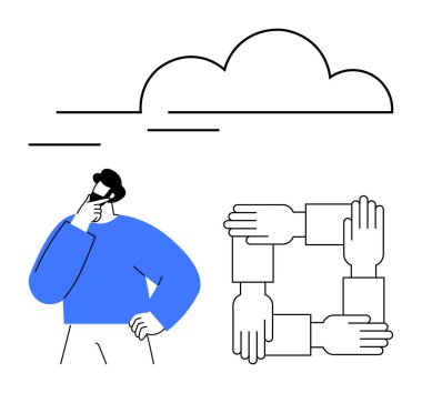 Buluta bakan, birbirine bağlı ellerin yanında bir kare oluşturan fikirleri düşünen bir adam. Takım çalışması, işbirliği, beyin fırtınası, problem çözme, yenilik, toplum ve strateji için ideal. Temiz