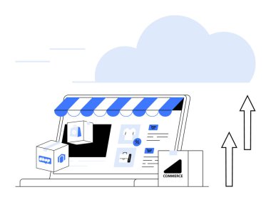 Dizüstü bilgisayarında çizgili güneşlik, ürün kutuları, yukarı doğru oklar ve bulutlu dijital vitrin. E-ticaret, çevrimiçi ticaret, büyüme stratejisi, yenilik teknolojisi alışveriş ölçeklenebilirliği için ideal. Düz