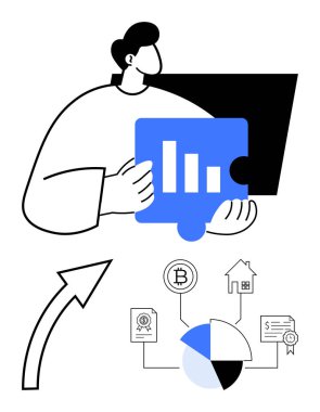 Bar tablosu olan bir yapboz parçası tutan adam, Bitcoin 'li akış şemasını gösteren bir ok, mülk, pasta grafiği, belgeler. Finans, yenilik, yatırım, strateji analizi için ideal daire planı