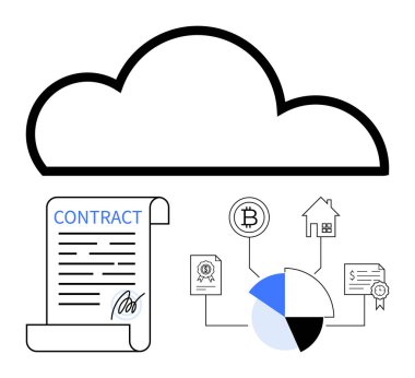 Dijital kontratın, kripto para jetonunun, ev ikonunun, pasta grafiğinin ve sertifikanın üzerinde bulutlar uçuşuyor. Engelleme zinciri için ideal, dijital imza, gayrimenkul, kripto para birimi bulut depolama finansal