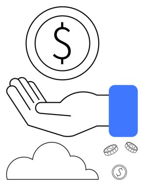 Dolar sikkeleri, dağınık madeni paralar ve finansal desteği temsil eden bulut, bulut hesaplama ve online para transferi için elini açık tut. Ekonomi, bankacılık, yardım, tasarruf, e-ticaret için ideal