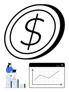 Büyük paralar, bar tablosunda dizüstü bilgisayarı olan bir kadın, kazancı, yatırımı ve tasarrufu simgeleyen yukarı doğru grafikler. Finans, ekonomi, yatırım ve analitik iş bütçesi için ideal