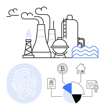 Bacaları duman, enerji akışı, parmak izi taraması, blok zinciri, konut ve pasta grafiği yayan bir fabrika. Enerji, endüstri, kripto para birimi güvenlik veri analiz altyapısı için ideal basit